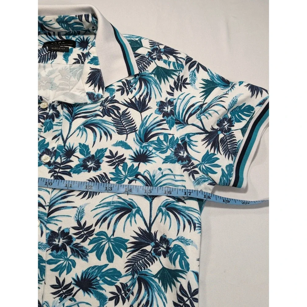 Zara Shirt USA 5 Blue Floral‎ Cotton Short Sleeve Button Down Slim Fit Polo
